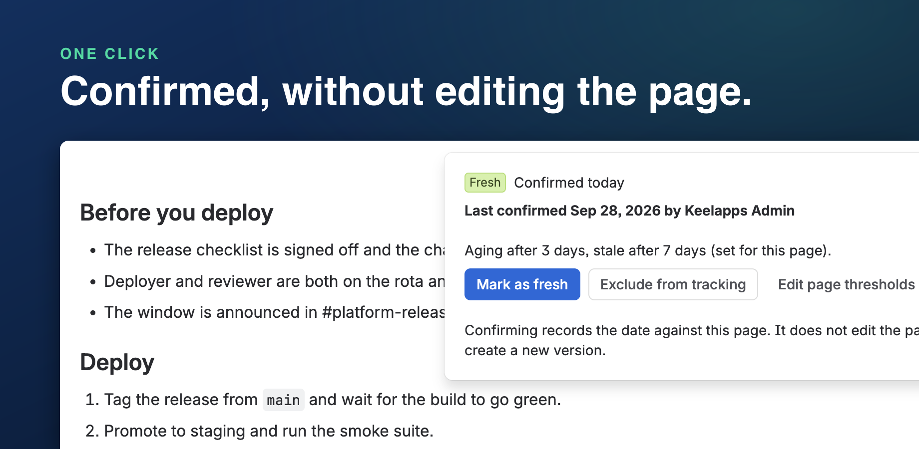 The badge lives in the page byline. Confirming takes one click, records who checked and when, and never edits the page.