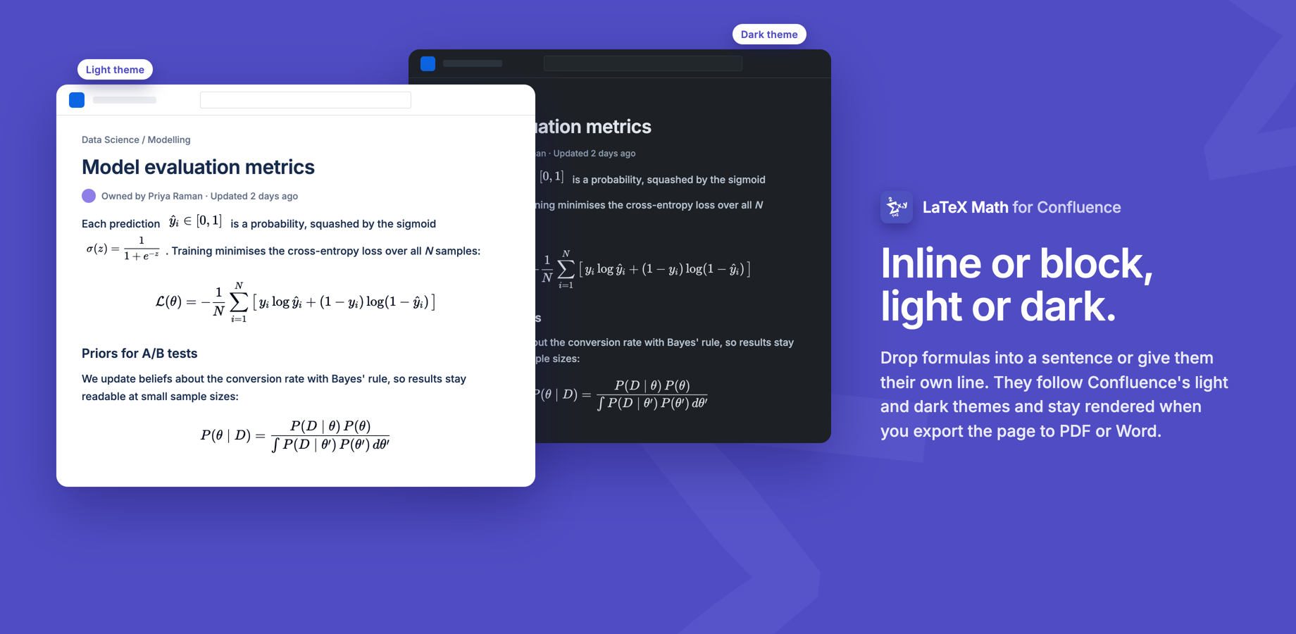 The same page in Confluence's light and dark themes