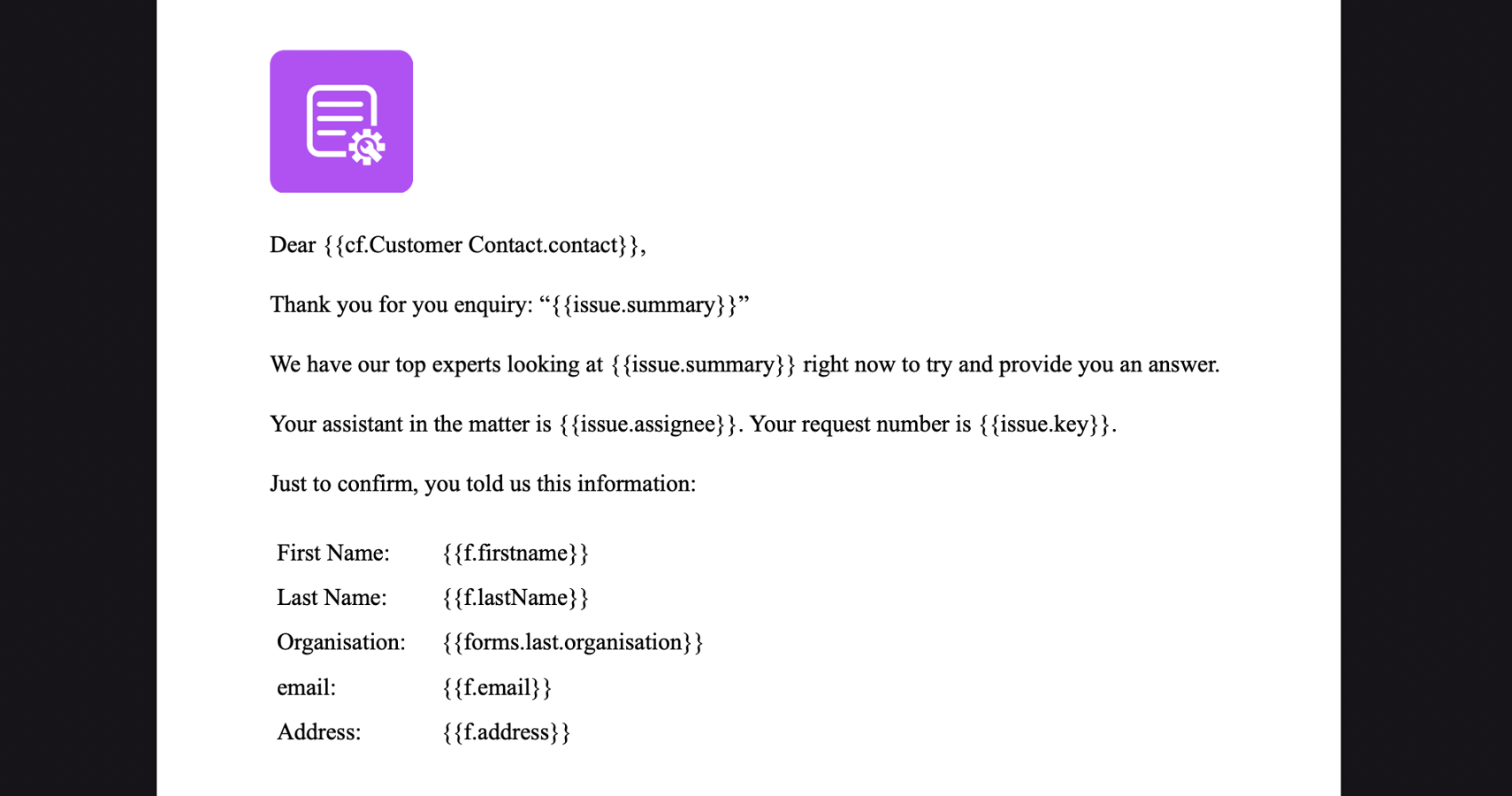 Upload your own Word template with smart value placeholders for Jira fields