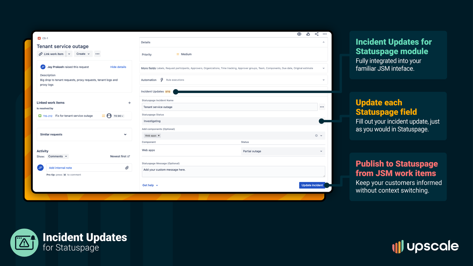 Let anyone in your selected projects report, update and close Statuspage incidents straight from the Jira issue view - even if they don't have a Statuspage account. Simply use the new One Statuspage link on the right.