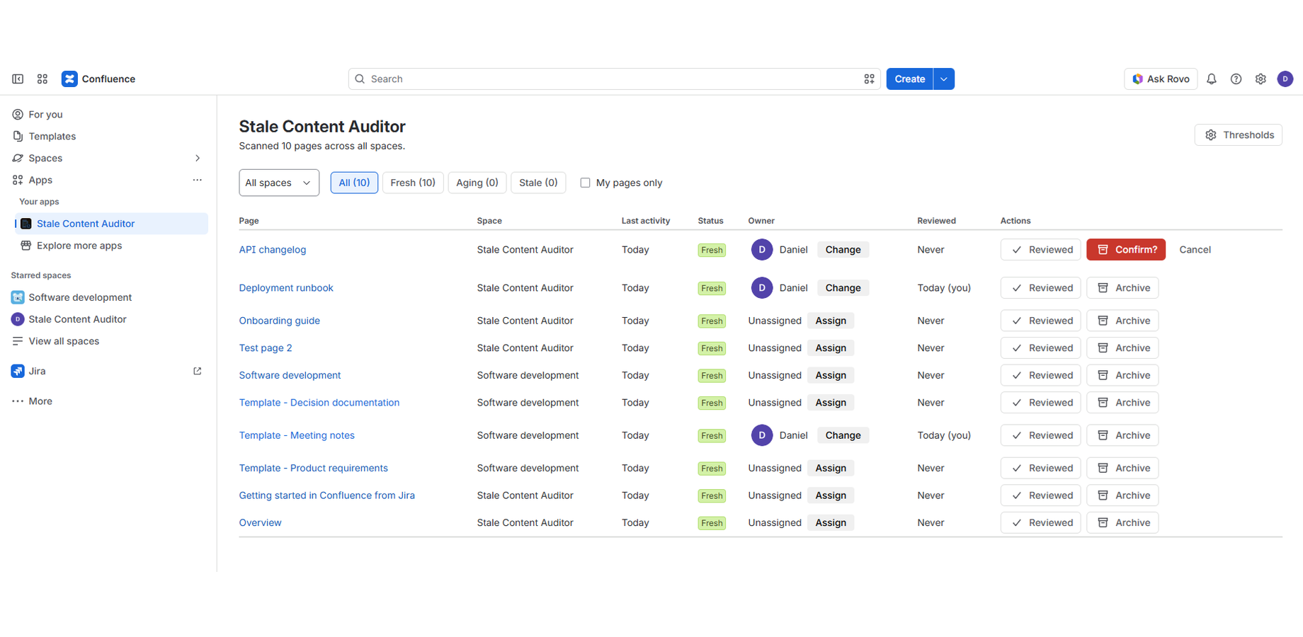 Owners assigned, reviews recorded, and a one-click archive with confirmation