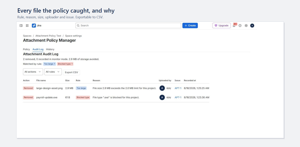 Every attachment the policy caught, with the rule, the reason, the uploader and the issue. Exportable to CSV for incident tickets.