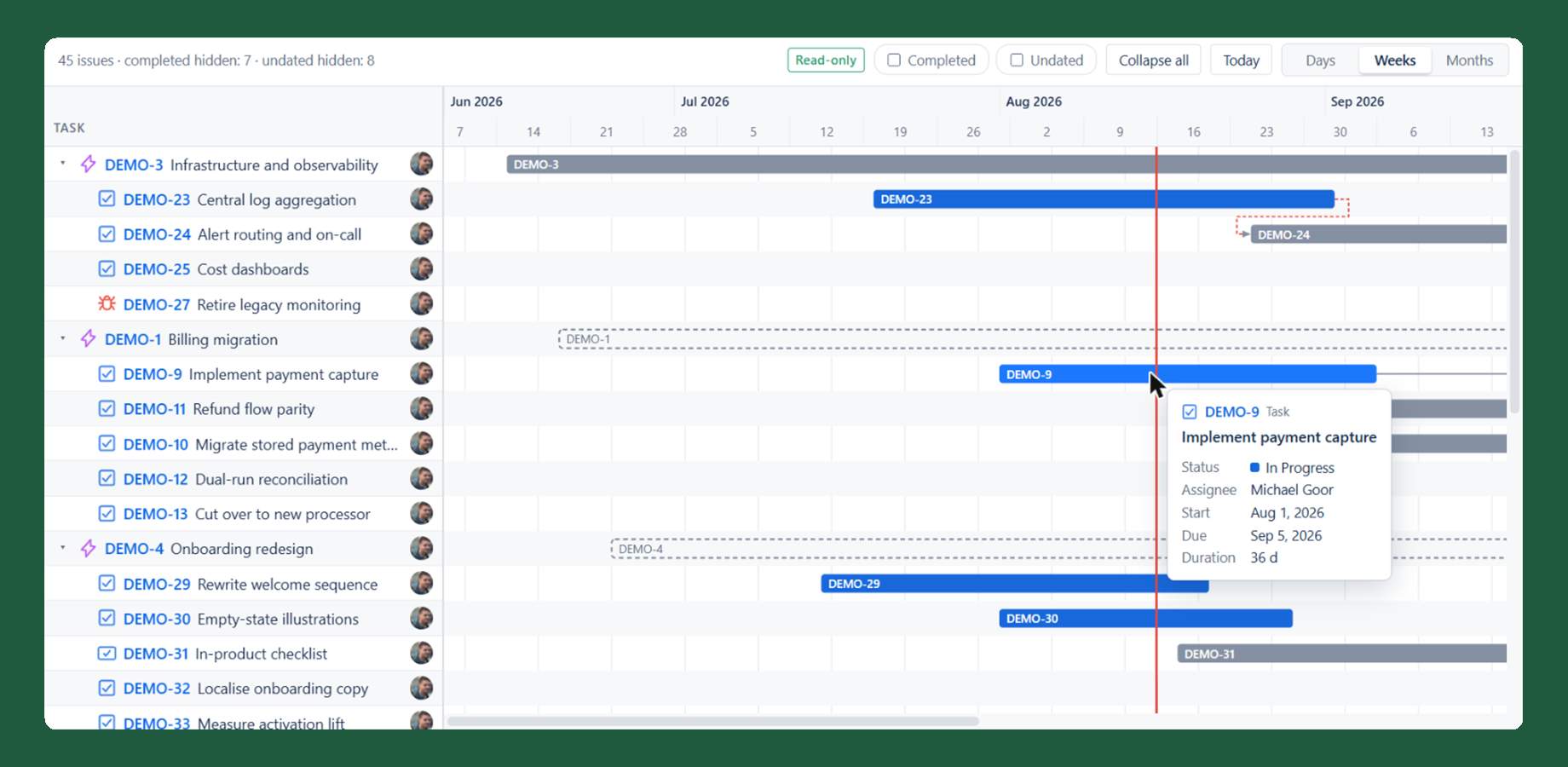 Hovering a row shows issue type, full summary, status, assignee, start and due dates and duration. Useful in the list, where long summaries are almost always cut off.