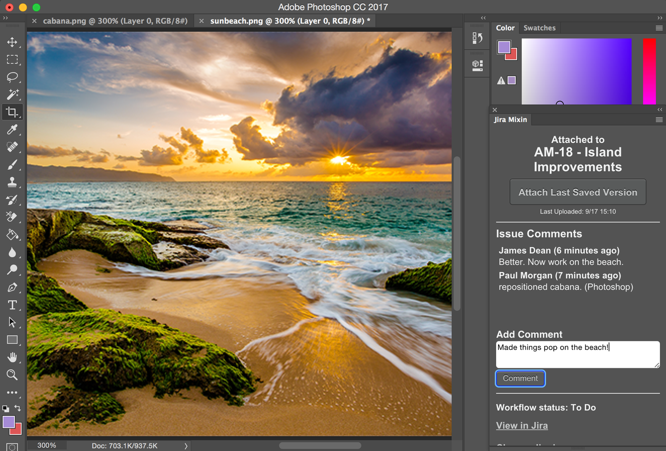 Issue comments are display directly in Photoshop. Add new comments and attach updated versions to Jira.