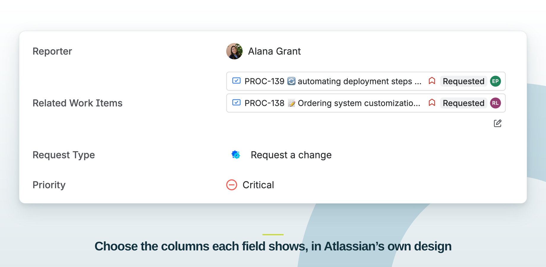 Two Work Item Selector fields pinned on a Jira work item: WIS Multi holds two selections and WIS Single holds one, each row showing work type, summary, priority, status and assignee.