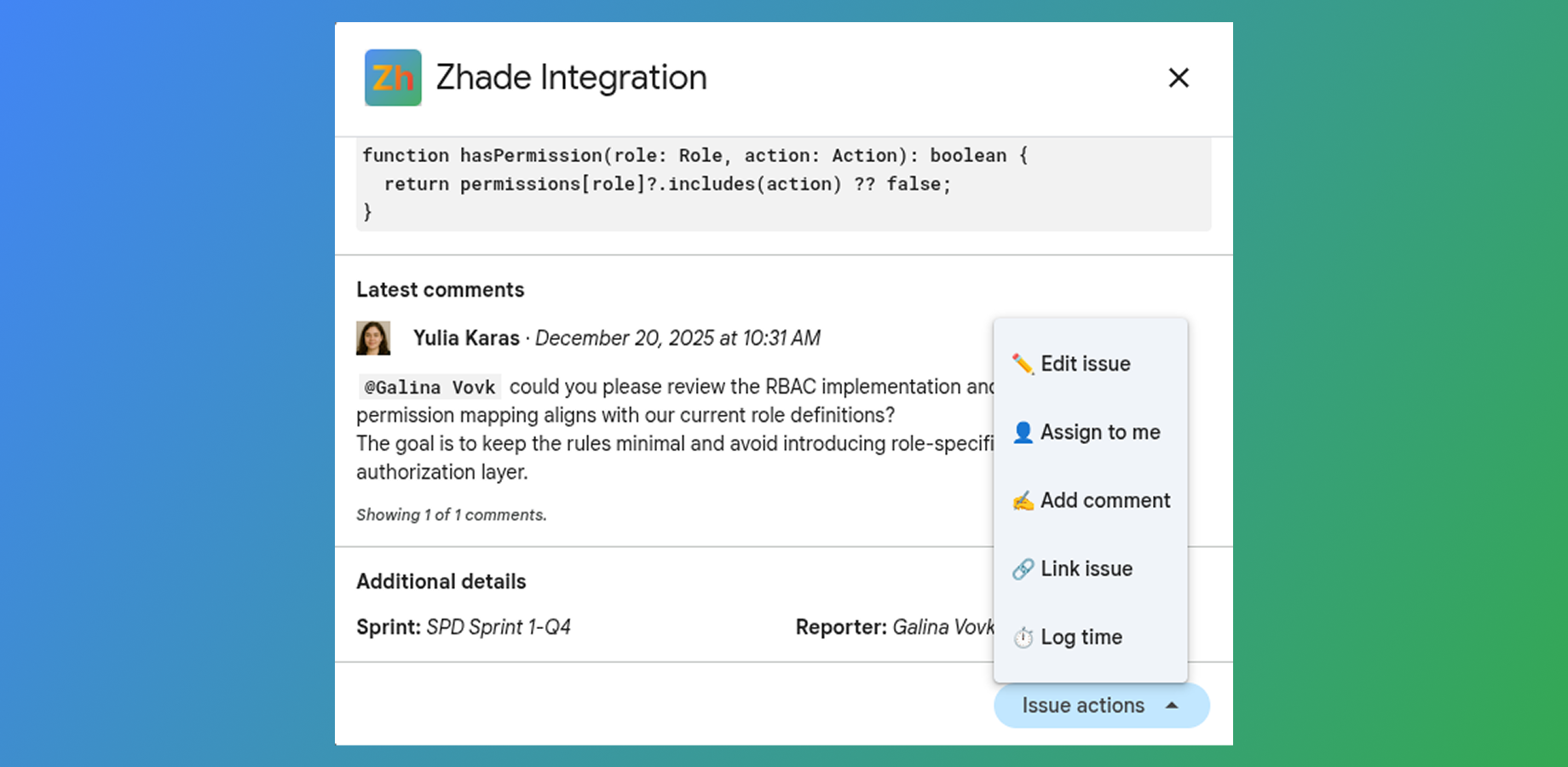 Jira issue view in Google Chat showing issue details and available issue actions from the dialog menu.