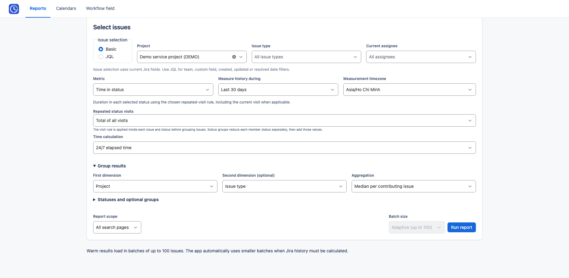 Time in status setup on controlled DEMO data, showing Project and Issue type grouping, Median aggregation and All search pages.