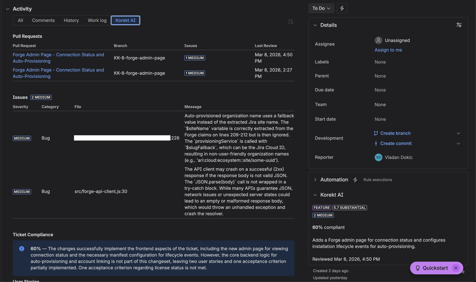 The Korekt AI context panel shows a summary of AI code review findings including severity counts, compliance percentage, and change summary