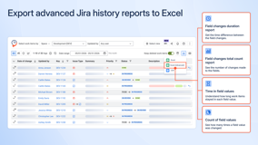 Export advanced Jira history reports to Excel and CSV. Analyze field changes, time in values, trends, and historical data for reporting and compliance.