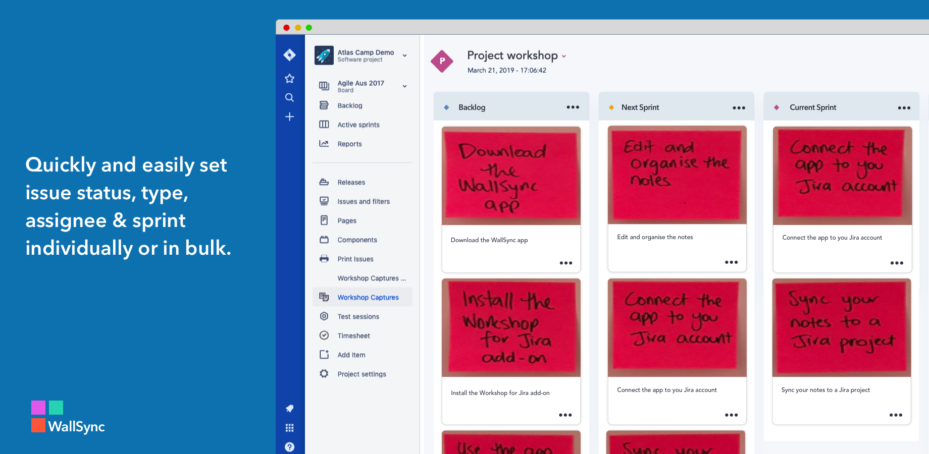 Quickly and easily set the issues' status, type, assignee & sprint in bulk.
