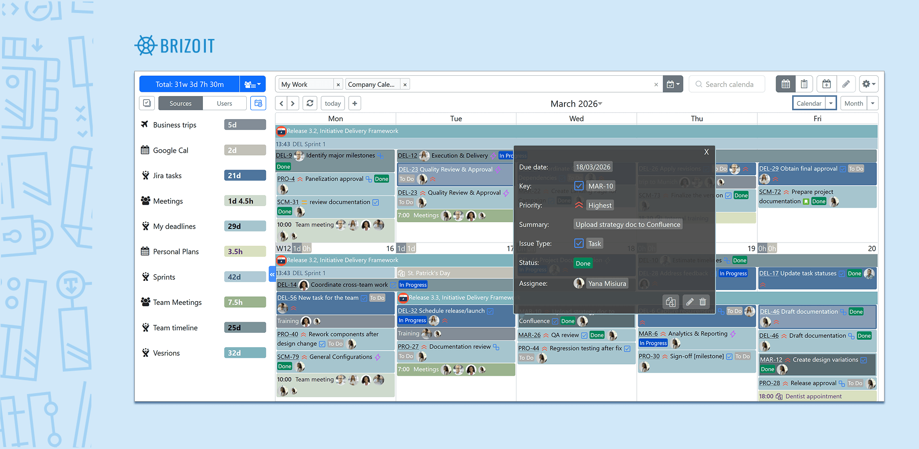 Configure multiple calendars. Each calendar can consolidate and display multiple event sources. Define event colors and issue fields to display.