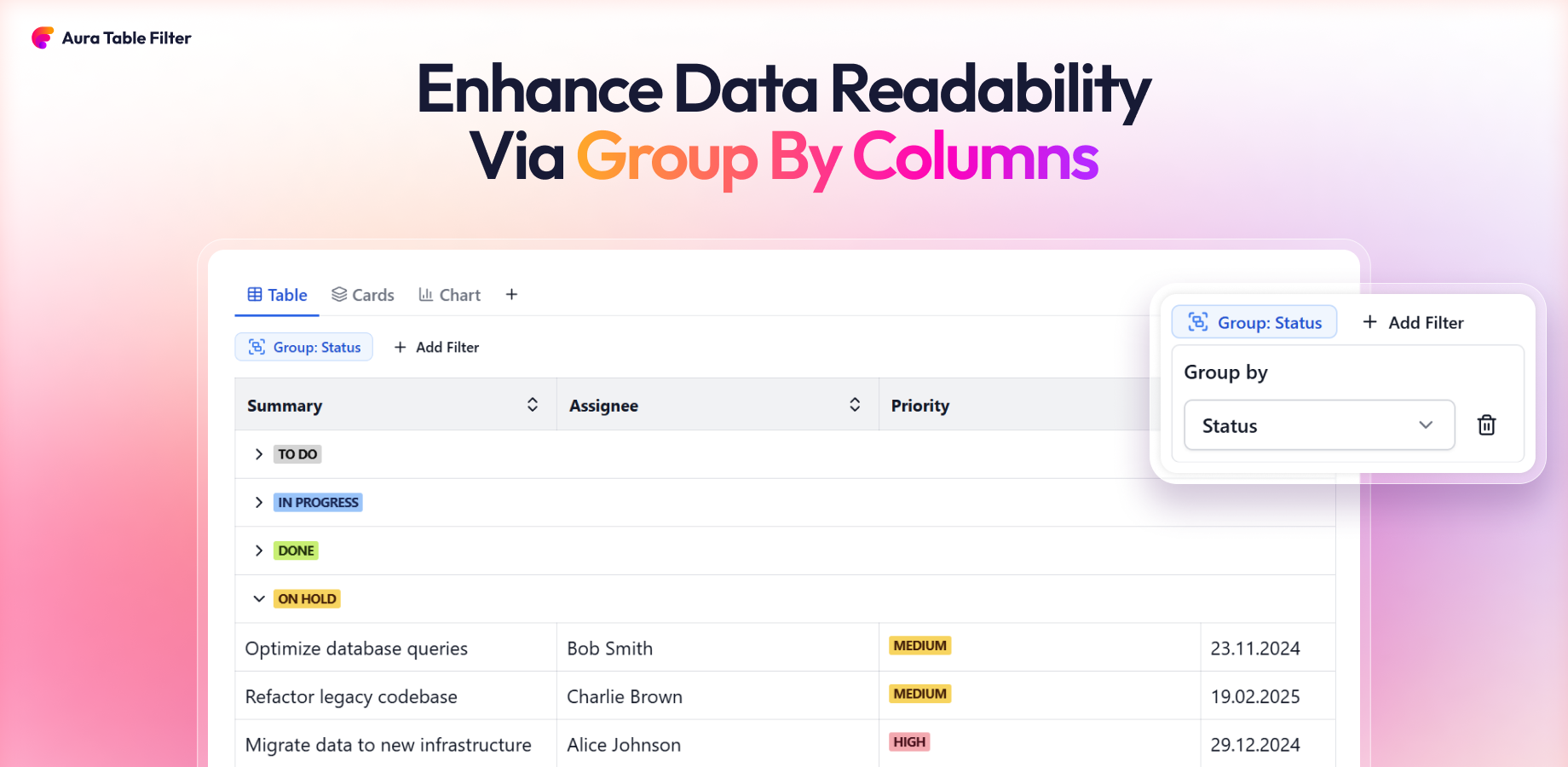 Instant dynamic sorting and grouping for clear insights.