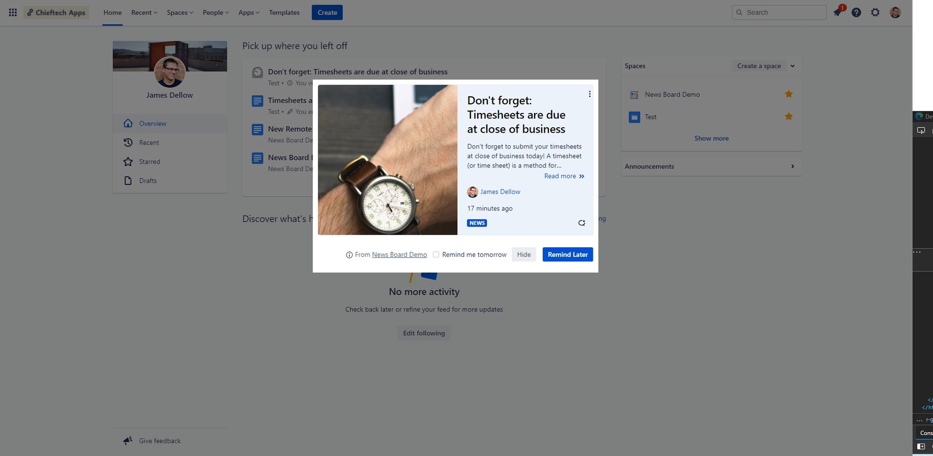 Pinned content can promoted across your Confluence site in a pop-up alert