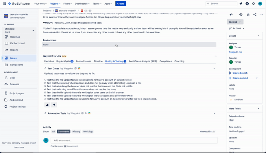 Waypoint automated Quality Assurance Test Cases in Jira