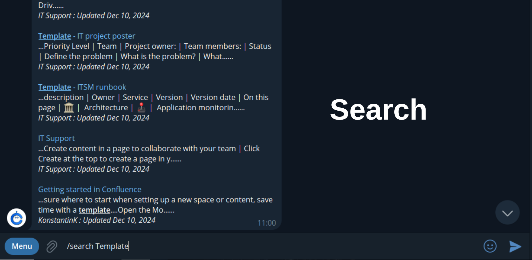 Perform keyword searches across Confluence pages without leaving Telegram