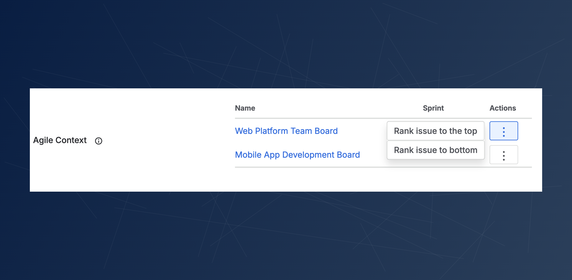 The Board Field custom field showing available actions to "Rank issue to the top" and "Rank issue to the bottom" for each listed board.