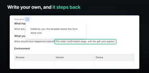 Jira's Create dialog after typing under "What you expected" in the description. Its note now reads "Edited by you: the template leaves this form alone now."