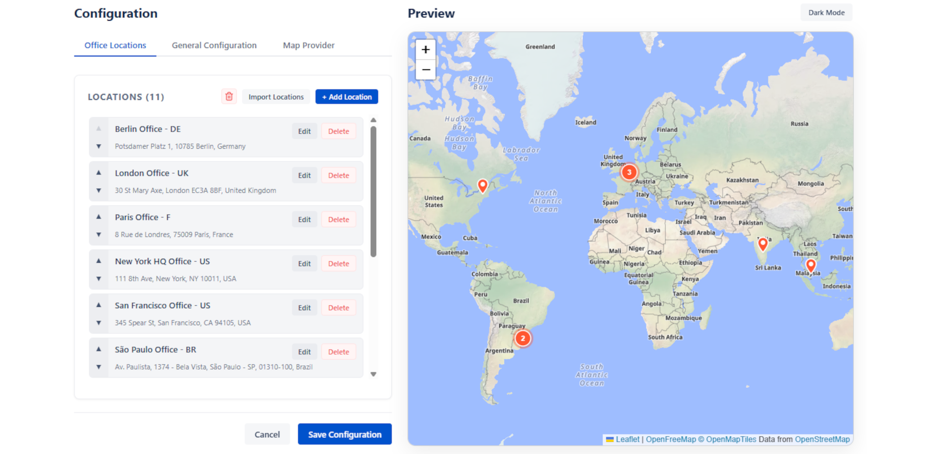 Easily manage location data, map views, marker styles, and map tile providers in one centralized admin menu