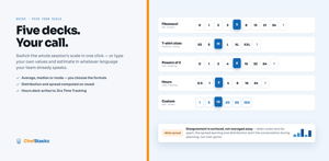 Fibonacci, T-shirt, powers of 2, hours, or your own custom deck — with spread warnings when the team disagrees