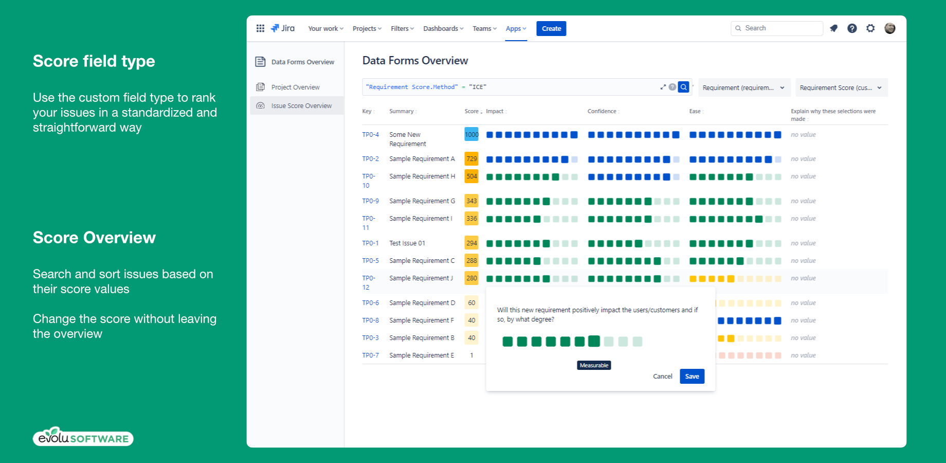 Use the ​Issue Score Overview and ​Data Forms Score custom field to rank your issues in a standardized and straightforward way