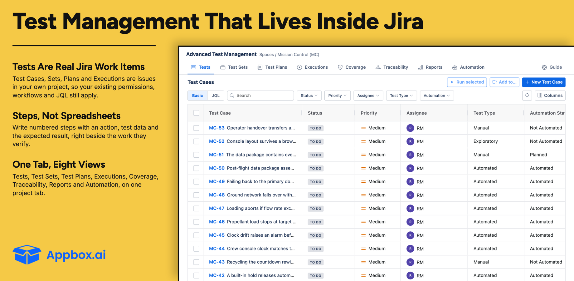 The Tests tab: this project's Test Case library, with status, priority, assignee, test type and automation columns, basic or JQL search, and Run selected and Add to for whatever you tick.