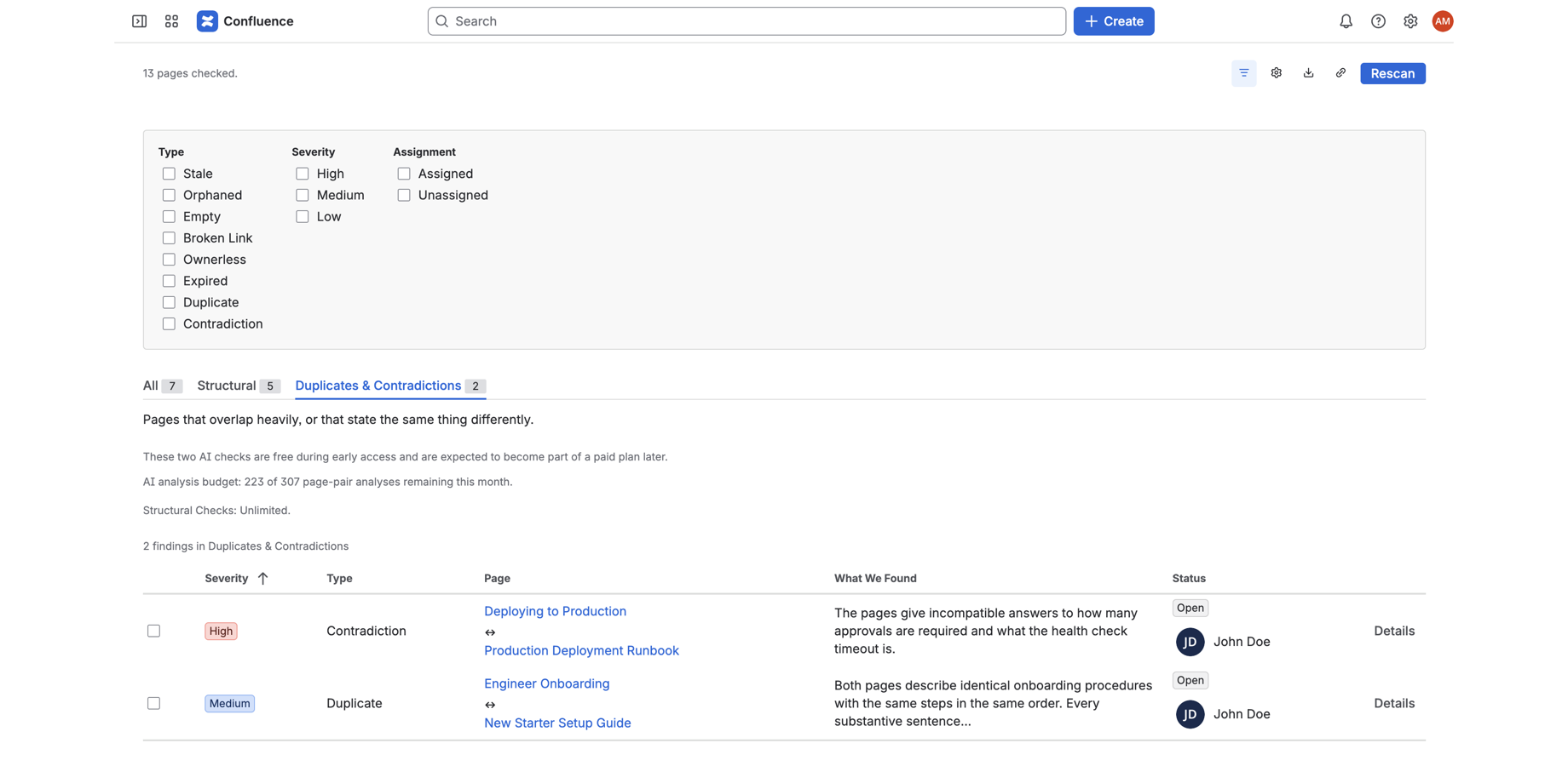 Two onboarding guides giving identical instructions under different titles. The meter above shows the month's AI analysis allowance; the structural checks are unmetered.