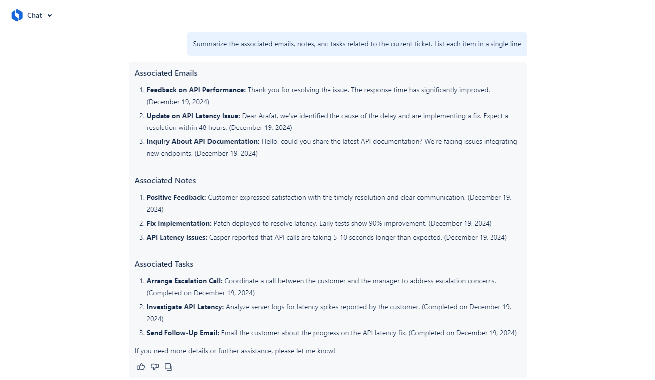 Summary of related HubSpot emails notes and tasks for the current ticket, giving agents a quick timeline of what has been discussed and done so far.