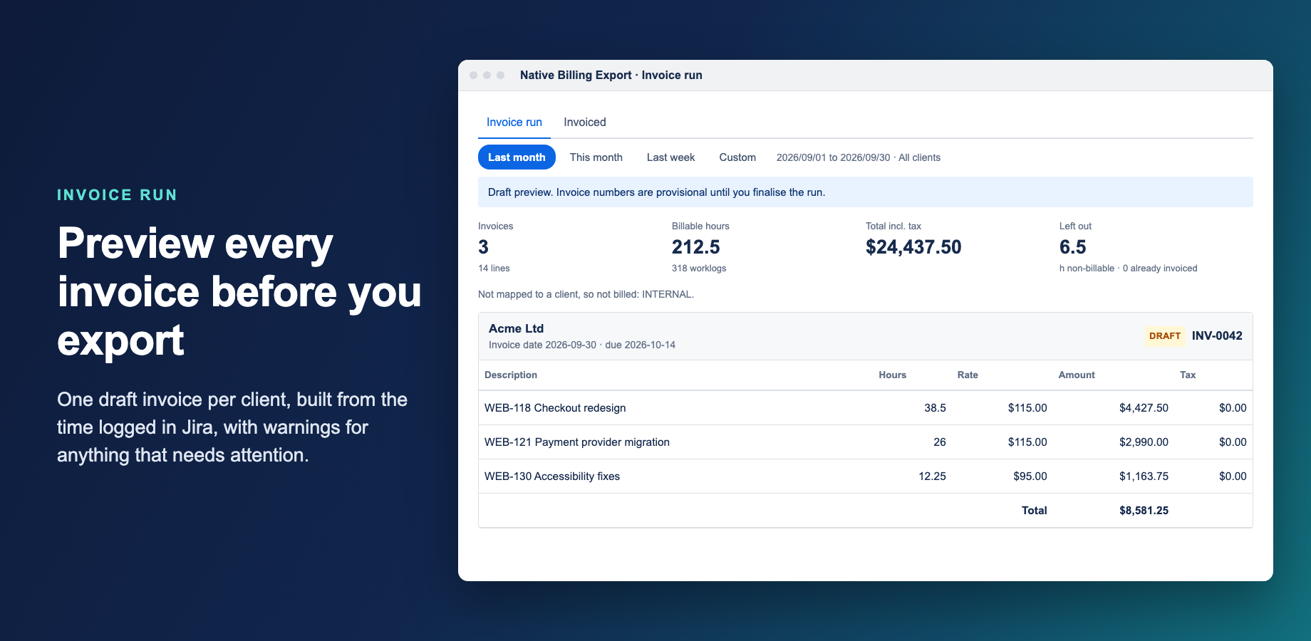 An invoice run: totals for the run, a note naming a project with no client, and the draft invoice with its lines.