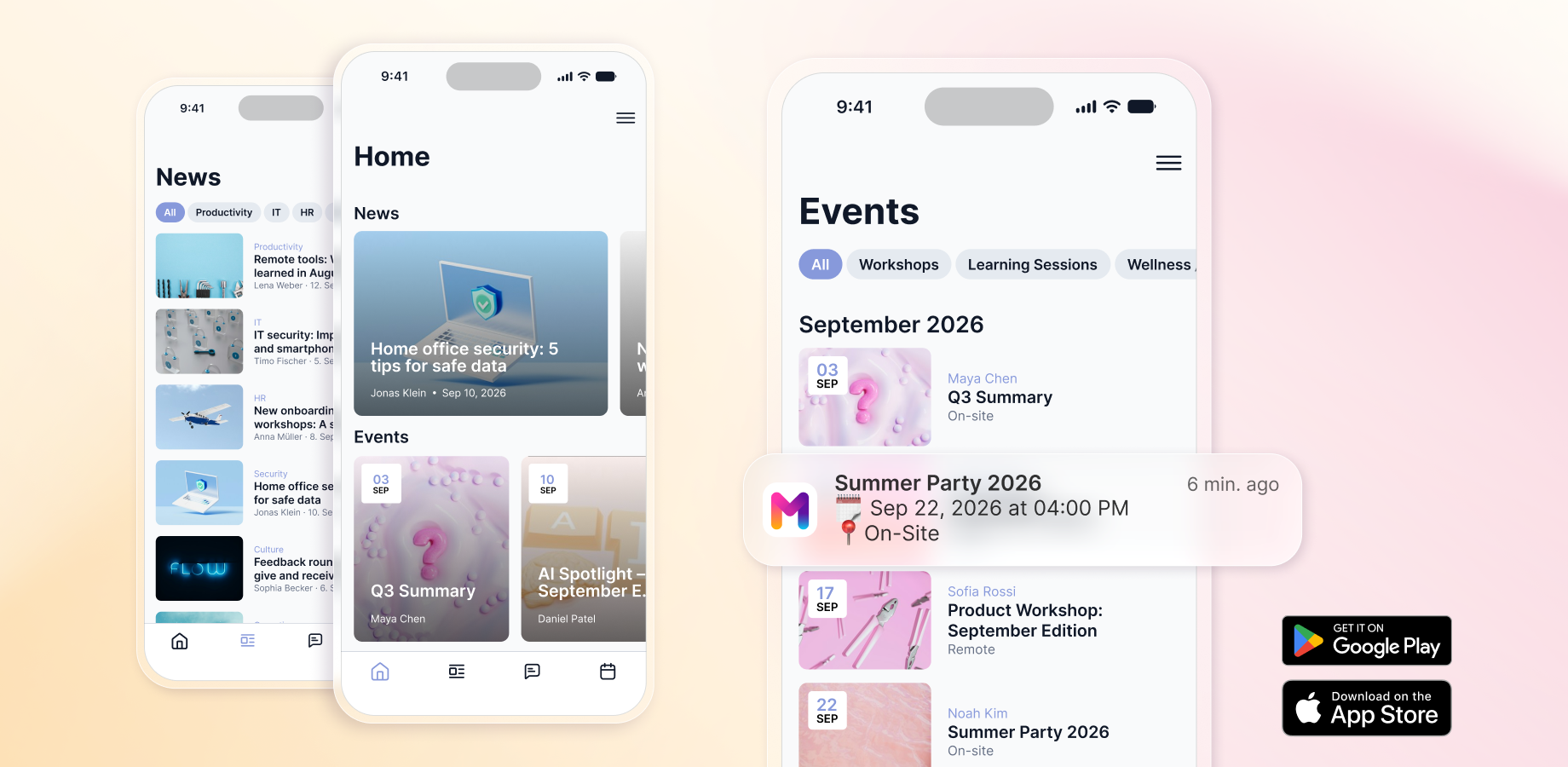Screenshot showing the Mantra Mobile App for iOS and Android with news feed, events calendar, people directory, and push notifications – keeping frontline and remote workers connected on the go.