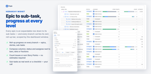 The Hierarchy widget: epics expand down to sub-tasks, with status, assignee and roll-up progress columns you compose yourself.