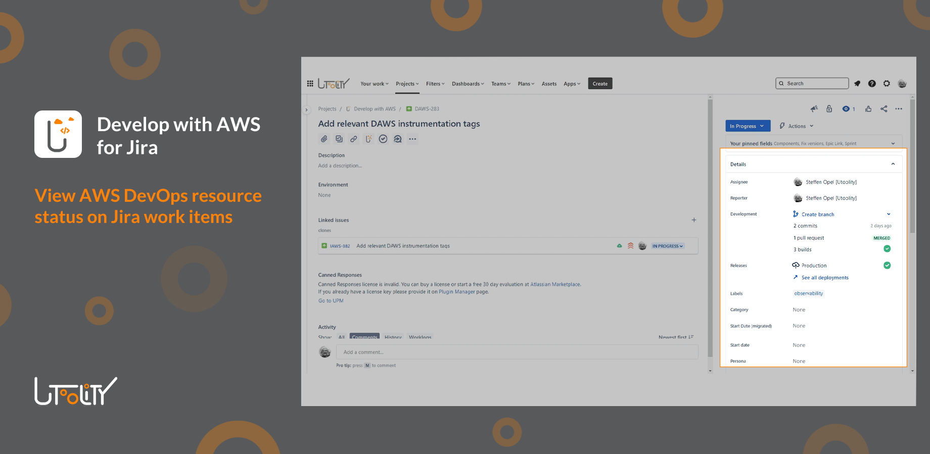 Jira work item view with development and releases panels showing various AWS builds and deployments