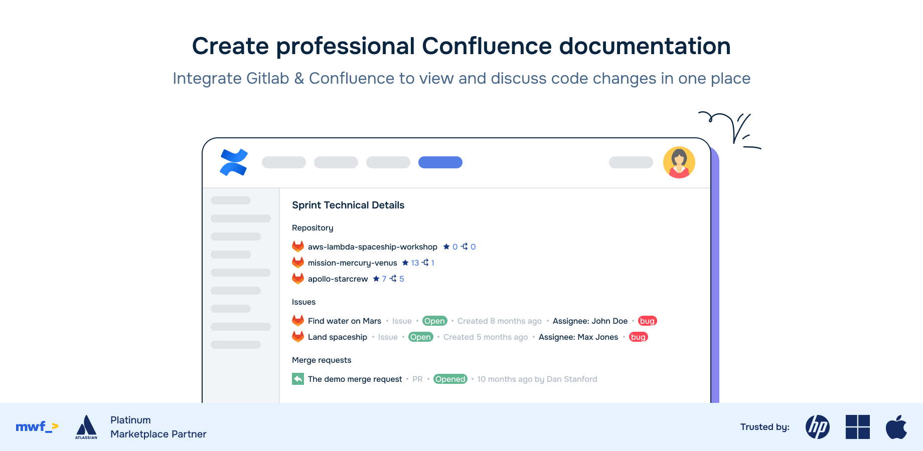 View and discuss code changes within the context of Atlassian Confluence project documentation, which allows for improved collaboration, increased visibility, and a streamlined development workflow with GitLab Confluence