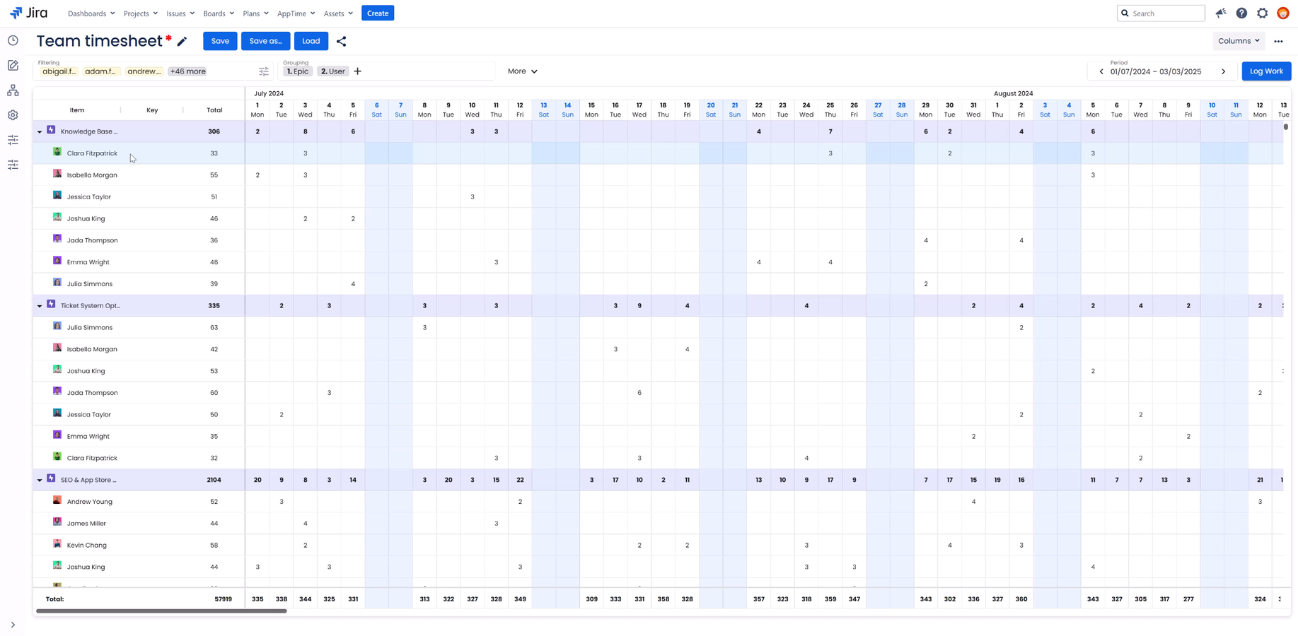 Advanced time tracking in Jira with custom fields, issue worklog stats, detailed timesheets, export to XLSX/CSV/TXT, timesheet sharing, JSM Customer portal logging, and unlimited time types like billable or internal