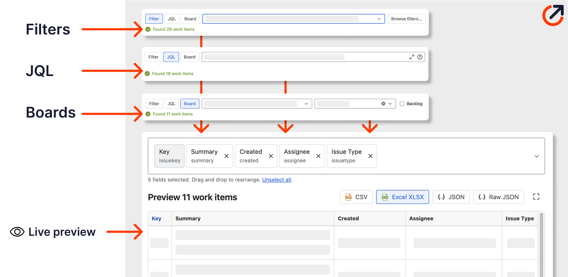 Live preview for work items from filters, JQL queries or boards