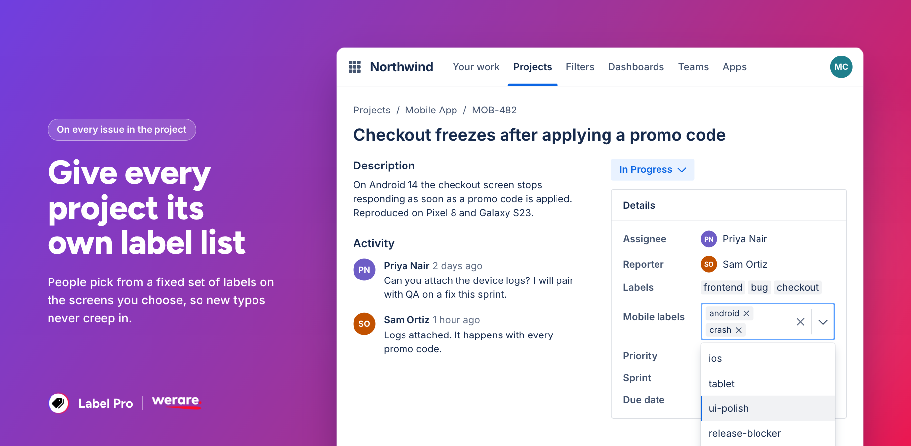 A Mobile labels field on an issue in the Mobile App project. The dropdown offers only the labels set for that project, such as ios, tablet and release-blocker, so every choice stays consistent.