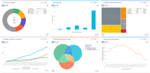 1D Custom charts: Open issues over time; Intersection by Components; Open issues age in custom slot splitters; Tree map; Donut / Pie; Multiple metrics in a single line, area, or combined chart.