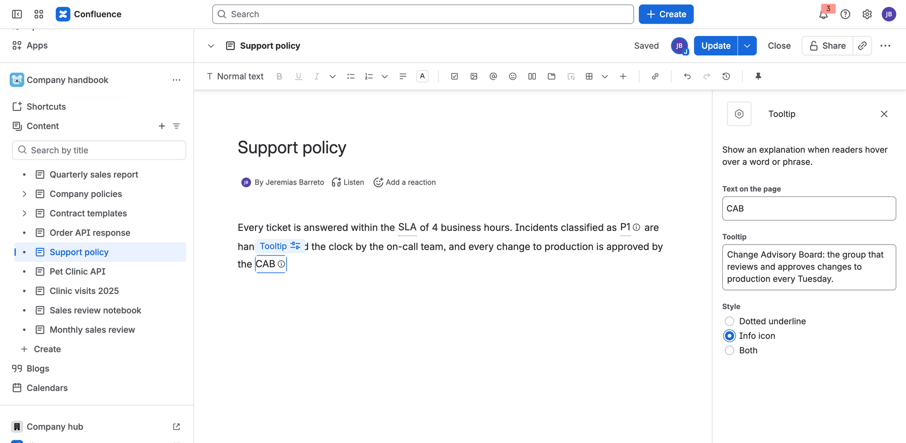 The Tooltip settings: text on the page, explanation and style.