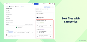 Jira issue view — files in a single File field grouped under colored Contract and Certificate category labels, each easy to tell apart at a glance.