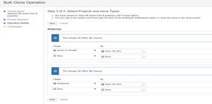 Here you can choose to map your issue types to another set of issue types and also determine if you want to Bulk clone within the same Jira project or Bulk clone & Bulk move to another target project(s) in 1 operation