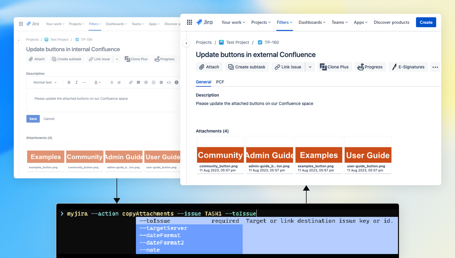 Copy attachments from one Jira issue to another.