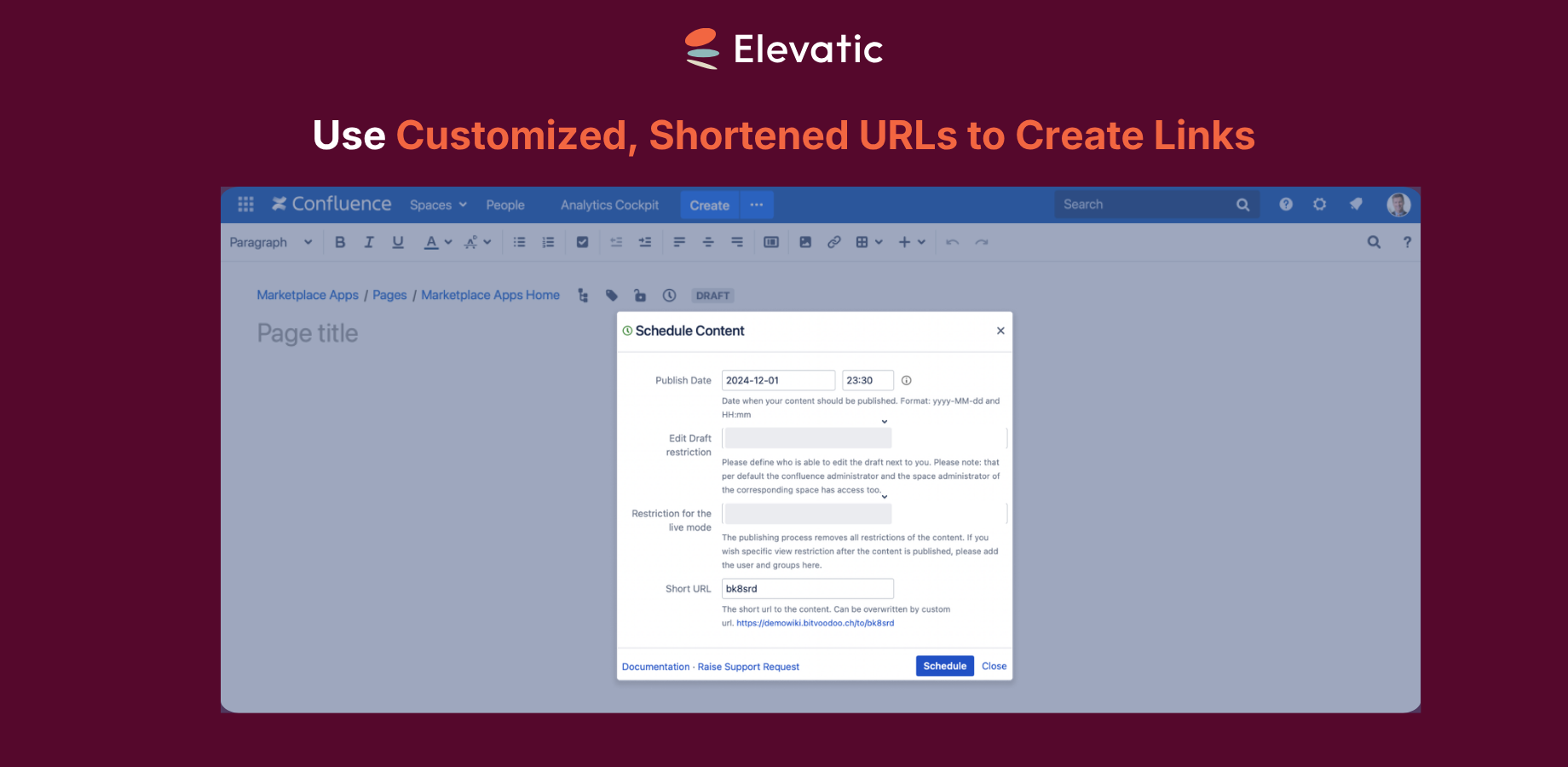 Define the date and time when your post should be published. A short URL is supplied that is valid after the post is published.