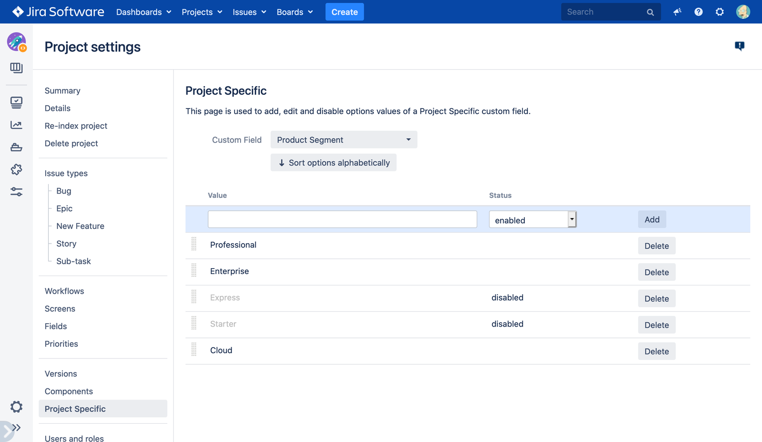 Select field options managed by project admins