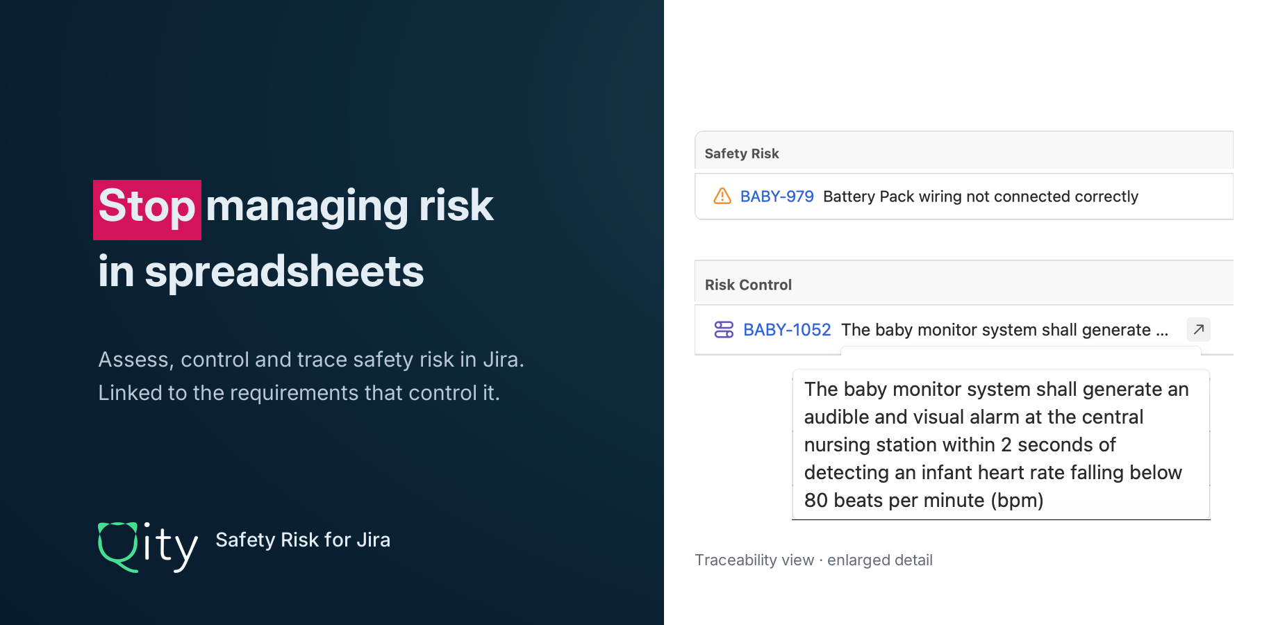 Safety Risk for Jira by Qity, with enlarged Traceability details showing a safety risk and its linked risk control requirement.