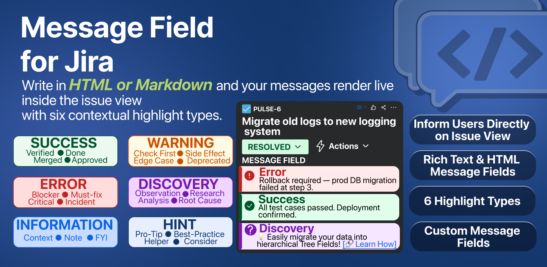 All six highlight types displayed with use case examples and live rendering on the issue screen.