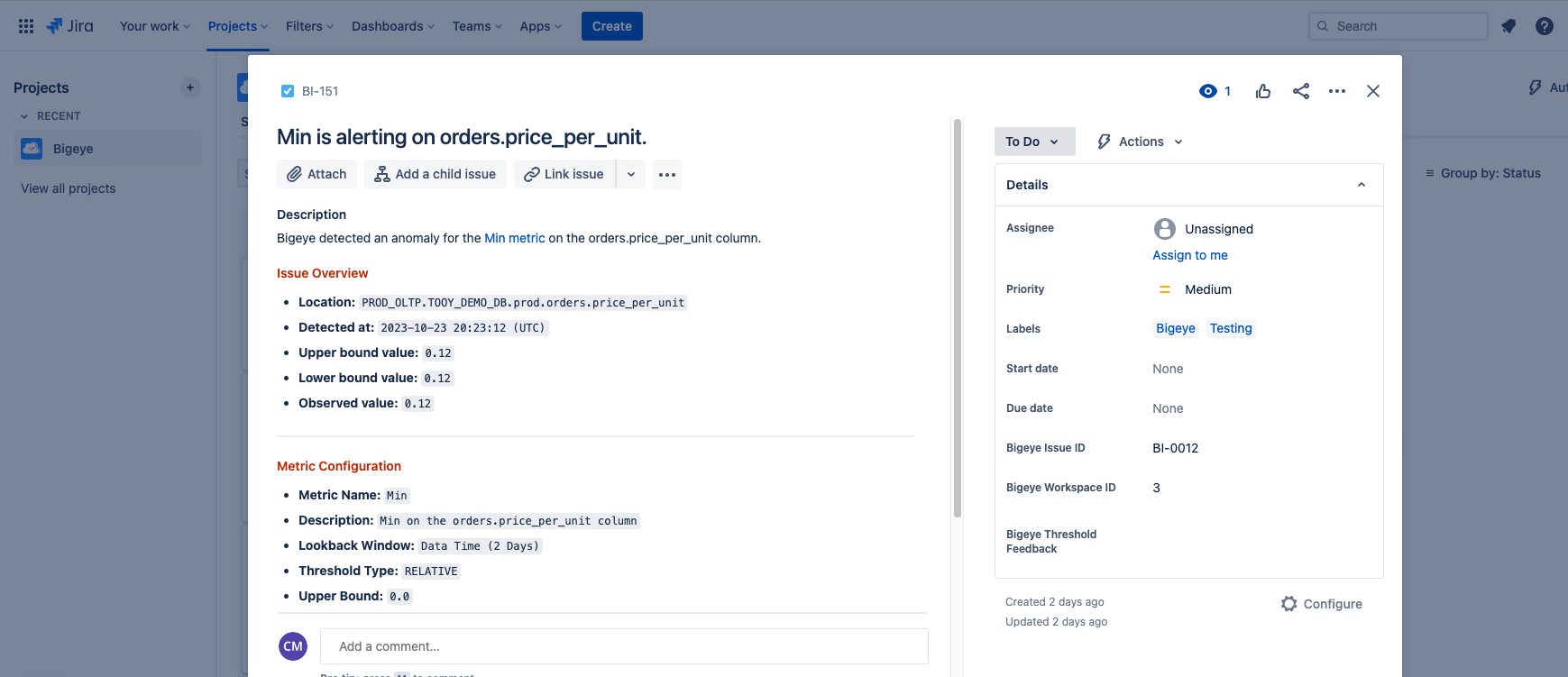 Viewing a Bigeye Issue in Jira
