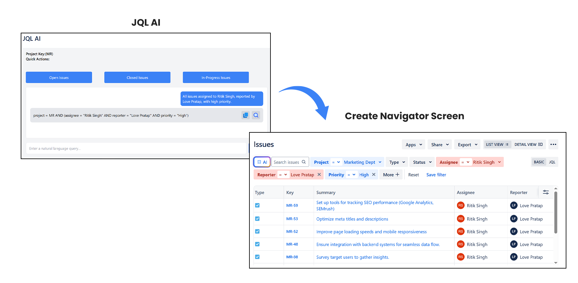 Direct Jira Issue Navigator Integration
