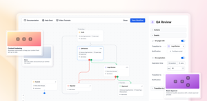 Model your process on a canvas: states, transitions, approval gates with thresholds, and automatic actions on entry. Start from a template or from blank.