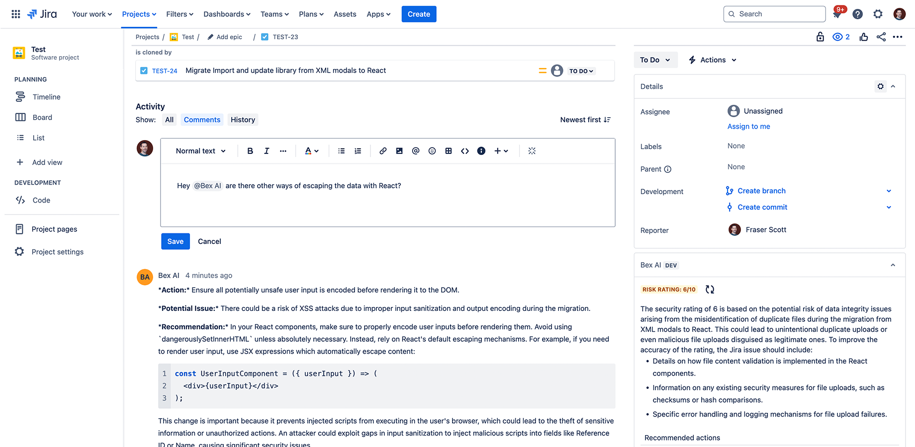 Simply tag Bex AI to receive further information, and ask questions, as if you would with another team member in Jira.