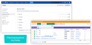 Dynamic filters are based on Jira fields and allow filtering by field values. They appear in the Rich Filter Controller as buttons with drop-down menus, text search boxes, or date search boxes, depending on the field.