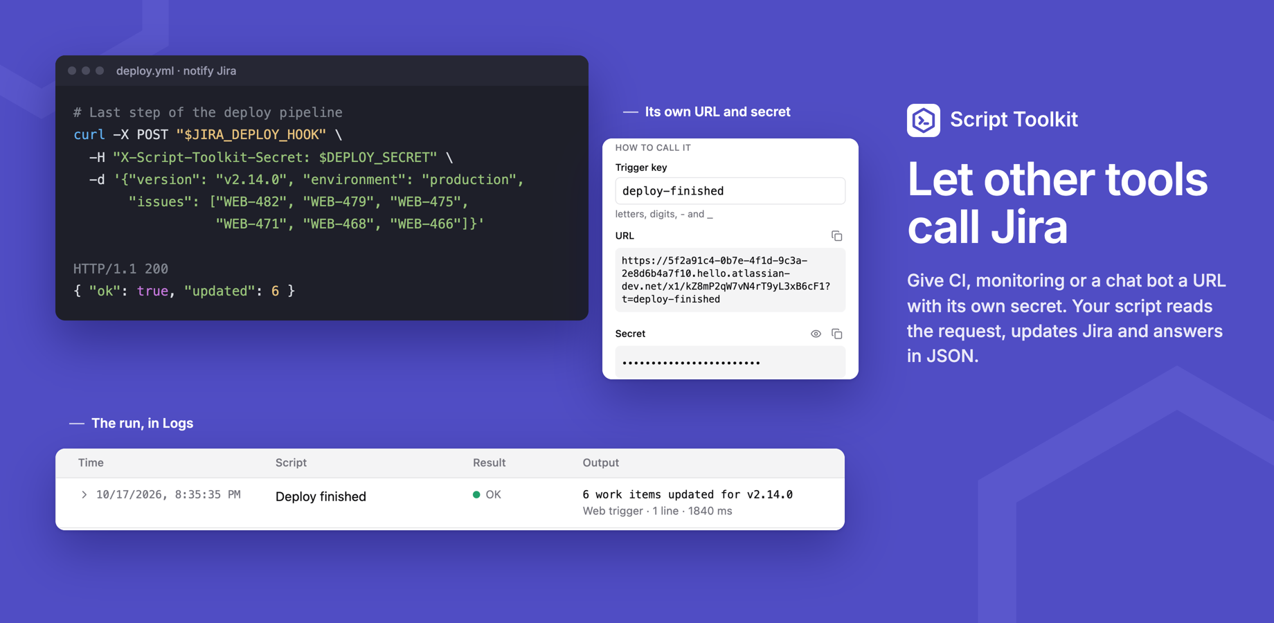 A deploy web trigger with its URL, secret and a test run